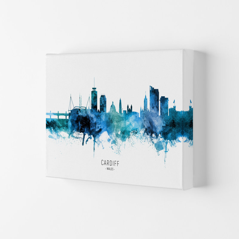 Cardiff Wales Skyline Blue City Name by Michael Tompsett - Print, Wrapped Canvas, 21cm H x 29.7cm W x 4cm D
