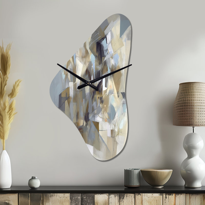 Beige et gris «Unounded Creativit III», reproduction d'art horloge murale asymétrique en métal, horloge murale moderne de forme unique