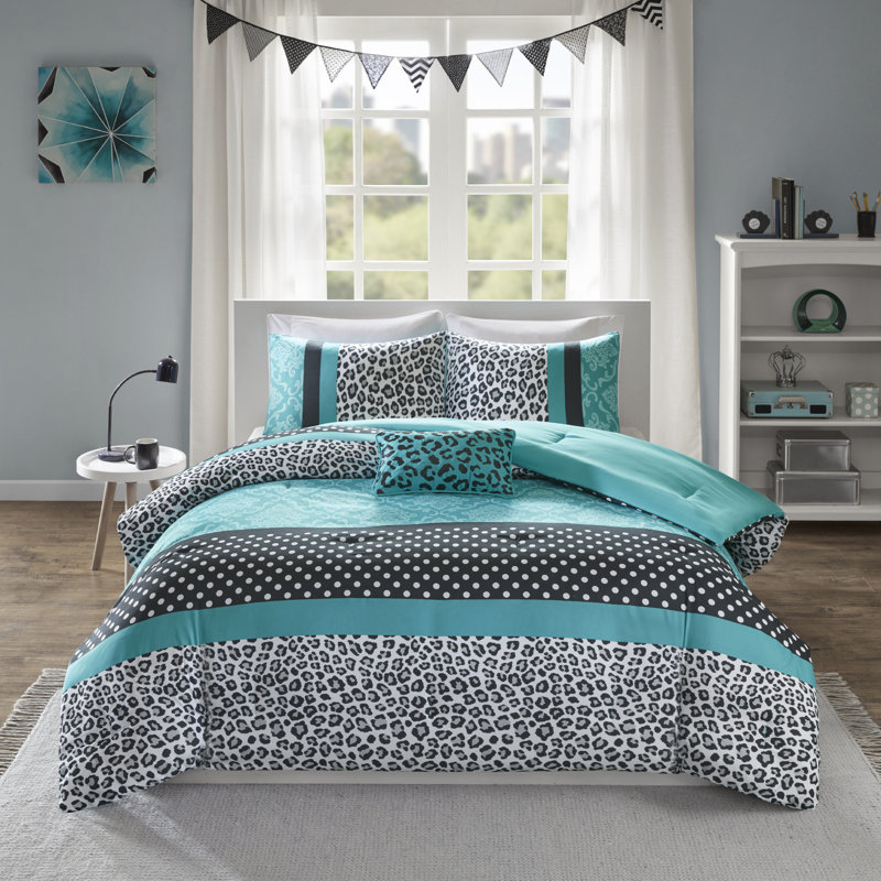 Polka Dots and Leopard Comforter Set, King/Cal King Comforter+2 Shams + Throw Pillow