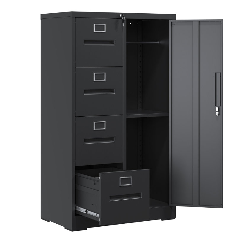 Classeur noir avec 4 tiroirs, rails de suspension réglables, construction, convenant au salon, bureau, serrure à casier en acier et garde-robe de rangement, fabrication de haute qualité, rails silencieux