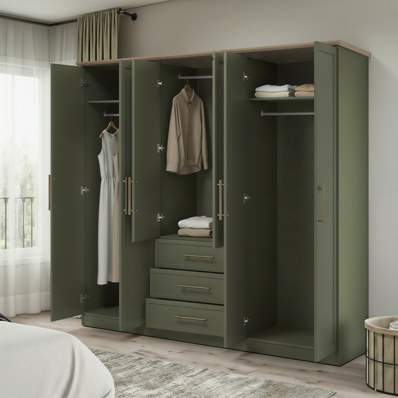 6 Door 3 Drawer Wardrobe with Mirror, Kale Green