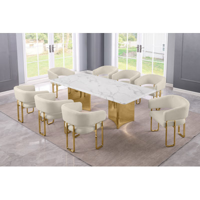 Grand White Marble Dining Set With Teddy Fabric Side Chairs