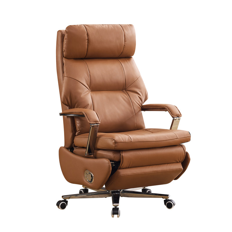 Faux Leather Office Chair with Retractable Footrest, Brown