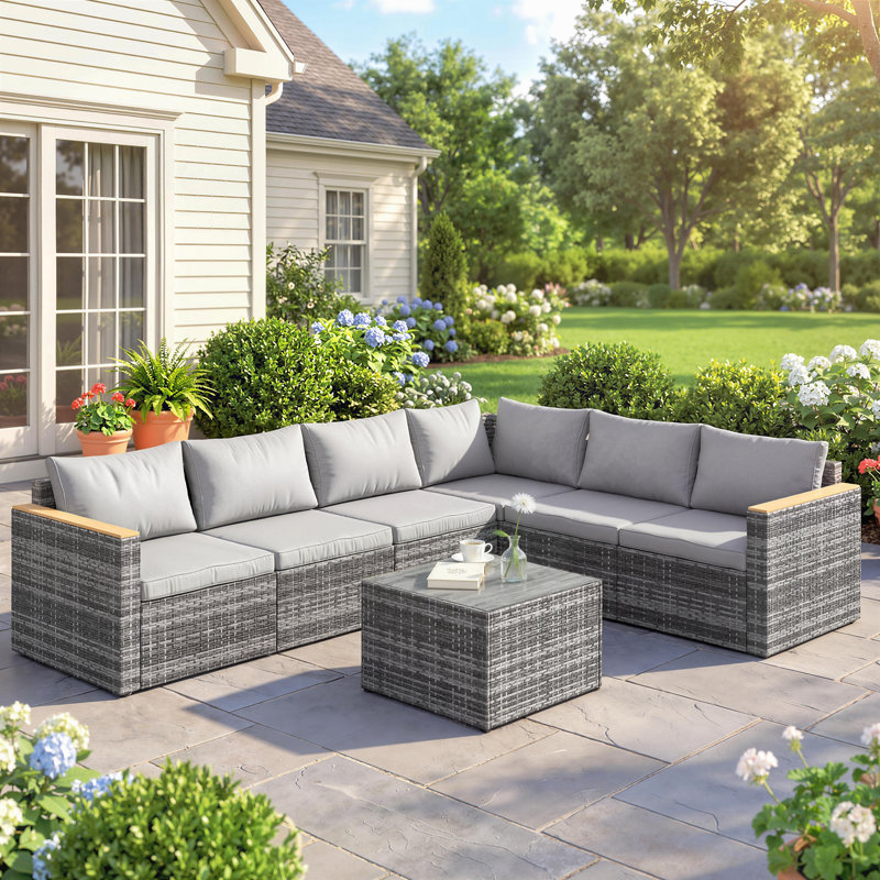 Ensemble de meubles de patio 7 pièces, modulaire d'extérieur en osier, gris clair