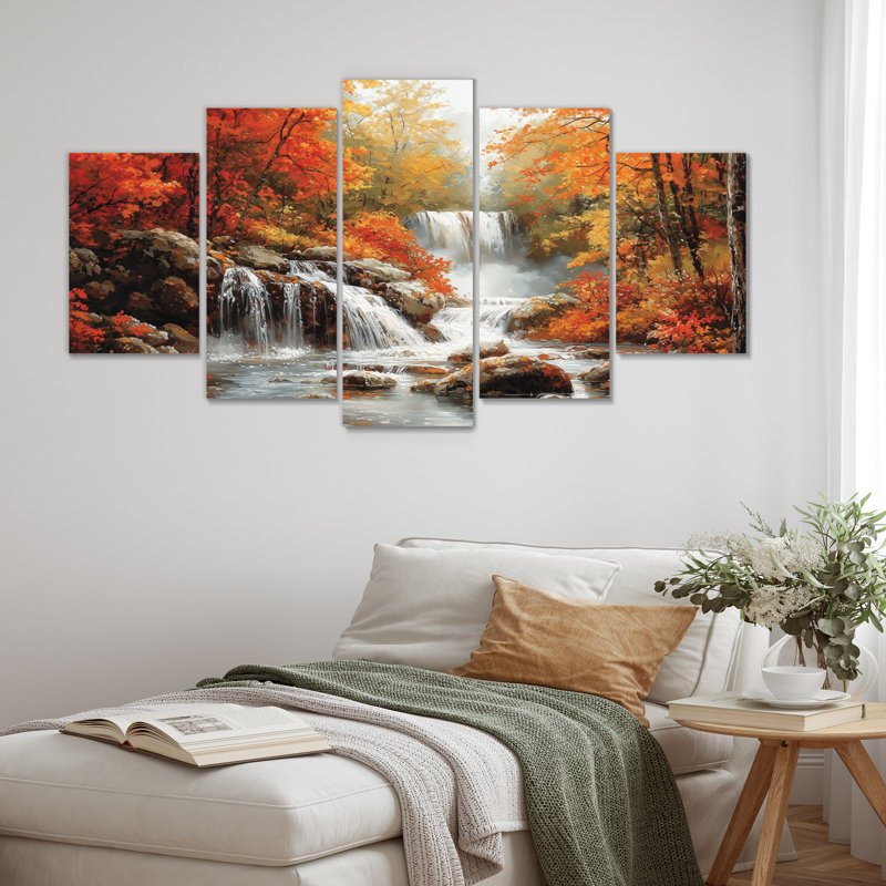 «Orange Autumn Mountain Waterfall Long View I - Waterfall», art mural sur toile
