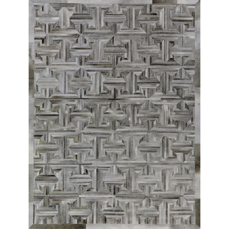 Natural Hide Cowhide Geometric Area Rug in Gray, Rectangle 8' x 11'