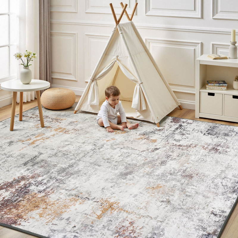 5'X7' Modern Abstract Washable Area Rugs for Living Room Brown Grey, Rectangle 5' x 7', Brown