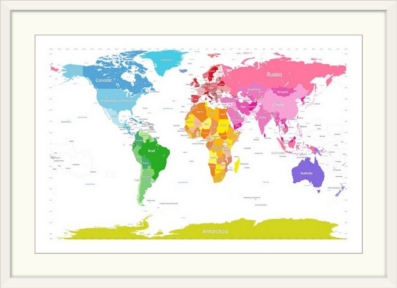 «Continents World Map» par Francy, impression, Cadre blanc, H 20 po x l 26 po x P 1 po