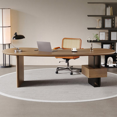 Bureau ovale brun en bois massif avec 1 tiroir