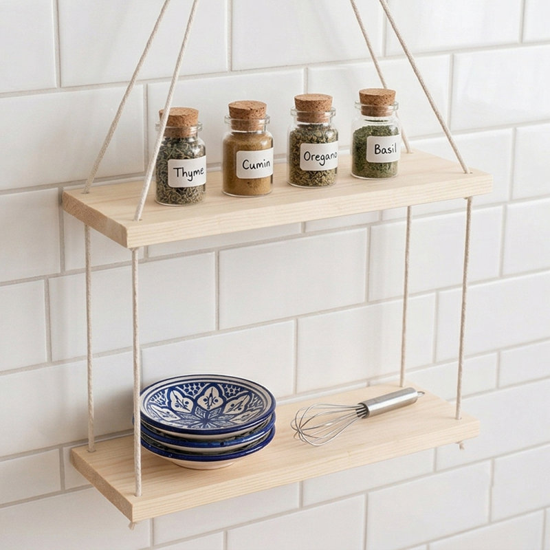 Larkinhurst 2-Tier Spruce Wood Hanging Wall Shelf