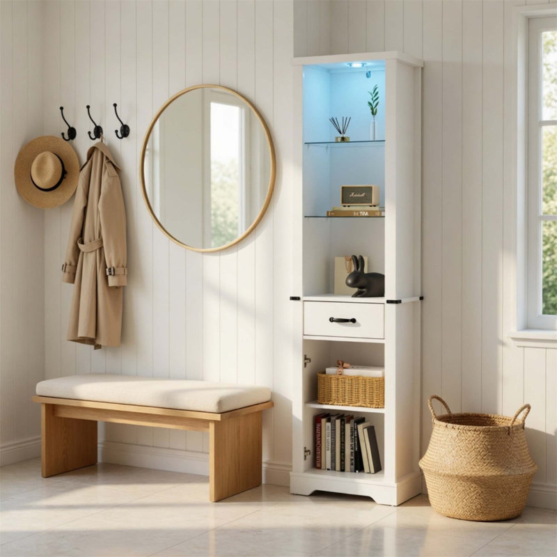 Grand garde-manger de style campagnard de 75 pouces avec lumières à DEL et porte de grange pour un rangement élégant