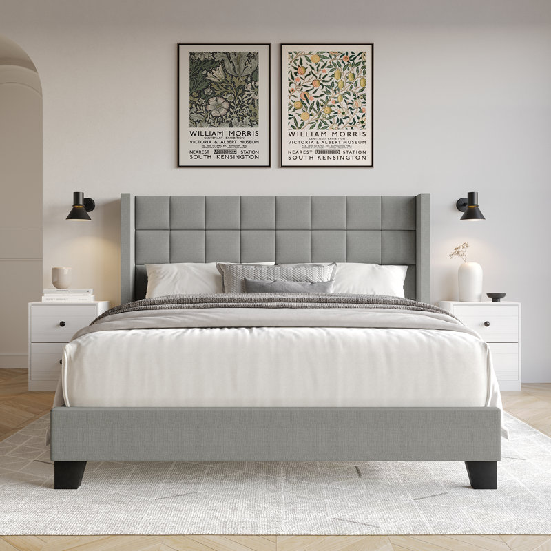 Jiahang Upholstered Unfinished Wingback Bed, Light Gray, Queen