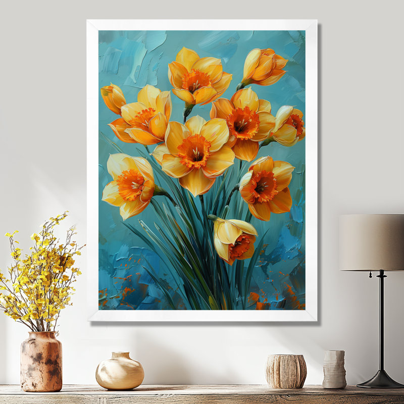 Jonquilles jaunes et orange vibrantes - Décoration murale jonquilles, Black Picture Framed, H 30 po x l 40 po