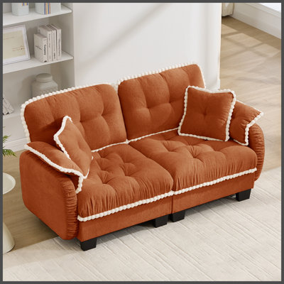 Chenille Cloud Loveseat Sofa with 4 Pillows, Pom-Pom Trim Quilted Tufted Cushion Ergonomic Design, Easy Assembly, Deep Seat Couch for Living Room Office Apartment, Orange