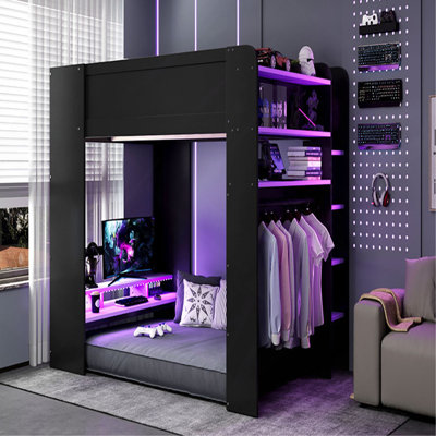 Full Size Wood Bunk Bed with height-adjustable Desk,Wardrobe,Ample Storage Space,and RGB Light