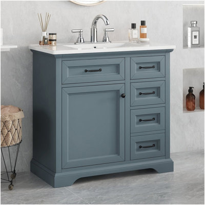 36" Bathroom Vanity With Sink, Ceramic Sink, 2 Tip-Out Drawers, Soft Close Door Hinges, Blue Gray