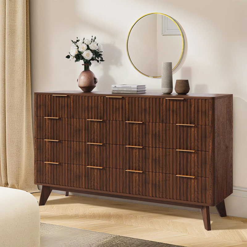 54" Fluted 9 Drawer Wood Dresser with Metal Handles & Curved Profile, Modern TV Stand, Walnut