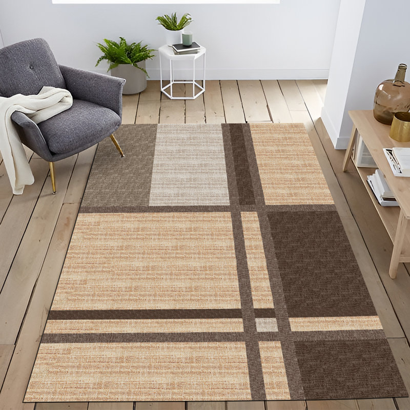 Tapis décoratif à motif géométrique beige et brun, Rectangle 4 pi 7,12 po x 6 pi 6,74 po
