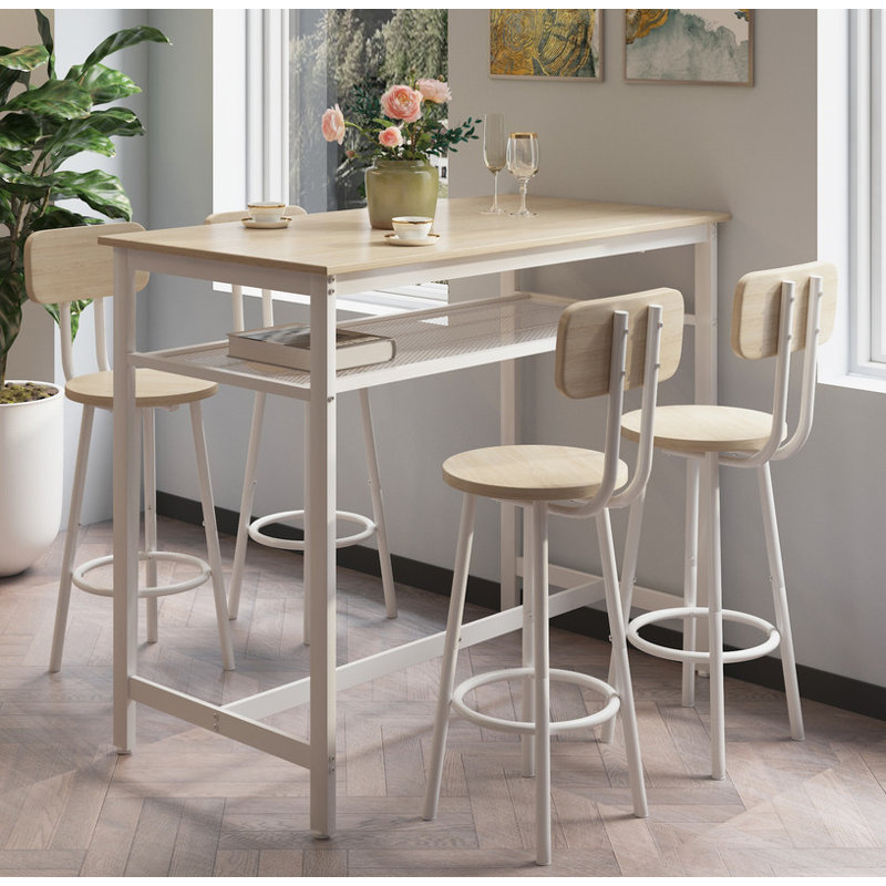 Ensemble de table de bar 5 pièces à hauteur de comptoir avec 4 chaises et structure en bois robuste, Chêne blanc