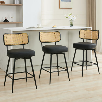Swivel Upholstered Counter Stools With Rattan Back