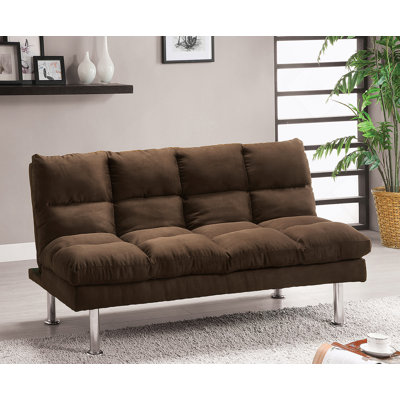 Canapé-lit en microfibre contemporain avec repose-pieds supplémentaire et base chromée, finition brun foncé pour une utilisation polyvalente