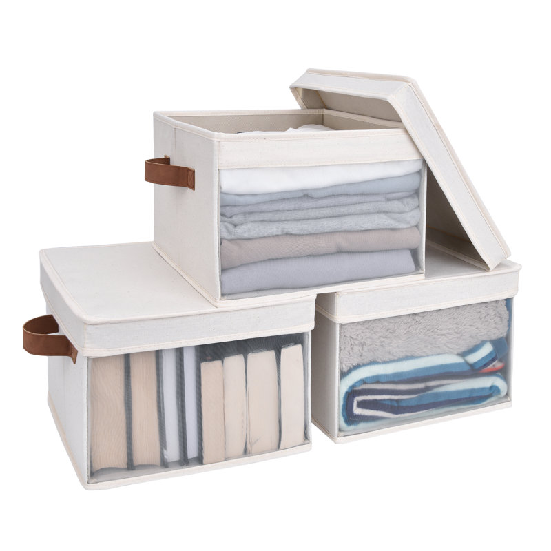 3 Pack Foldable Fabric Bin Set with Lid and Handle, White