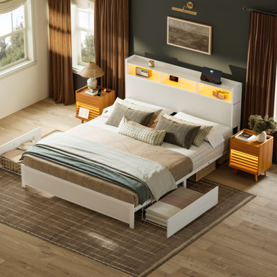 3 Piece Bedroom Sets,Modern Bed With 2 Drawers & 2  Slanted Nightstand
