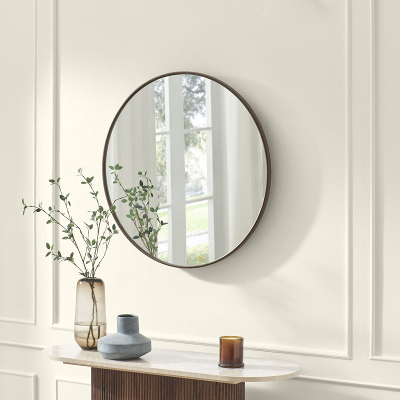 Struan Wooden Circular Bedroom Hallway Mirror - Scandi Elegant Style, Walnut
