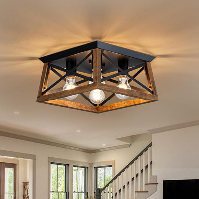4-Light Famrhouse Light Fixture, Rustic Ceiling Light with Wood and Metal Frame, Farmhouse Flush Mount Ceiling Light