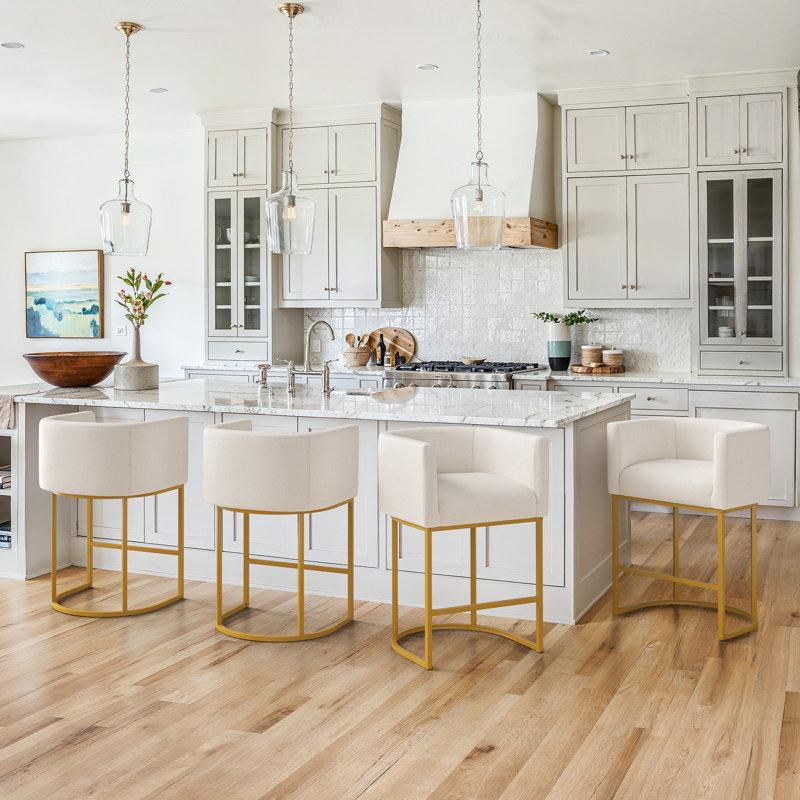 27"Upholstered Counter Stools With Curved Barrel Back, Metal Frame And Footrest, Beige Linen Seat/Gold Frame