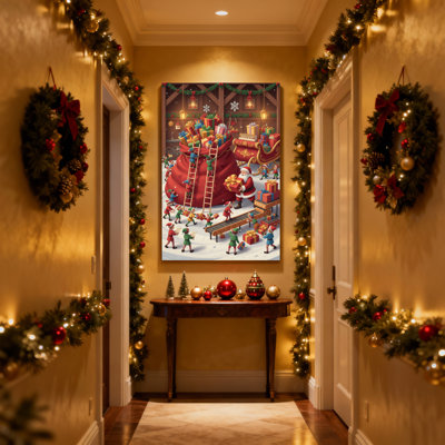 Ensemble de 3 reproductions d'art sur toile de Noël, père Noël, lutins et atelier de Noël