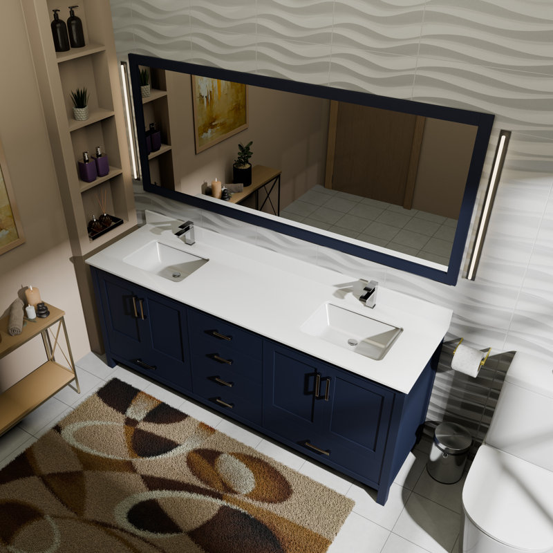 Jacques 72 in. W x 22 in. D Double Bath Vanity and 70 in. Mirror, White Quartz, Navy Blue