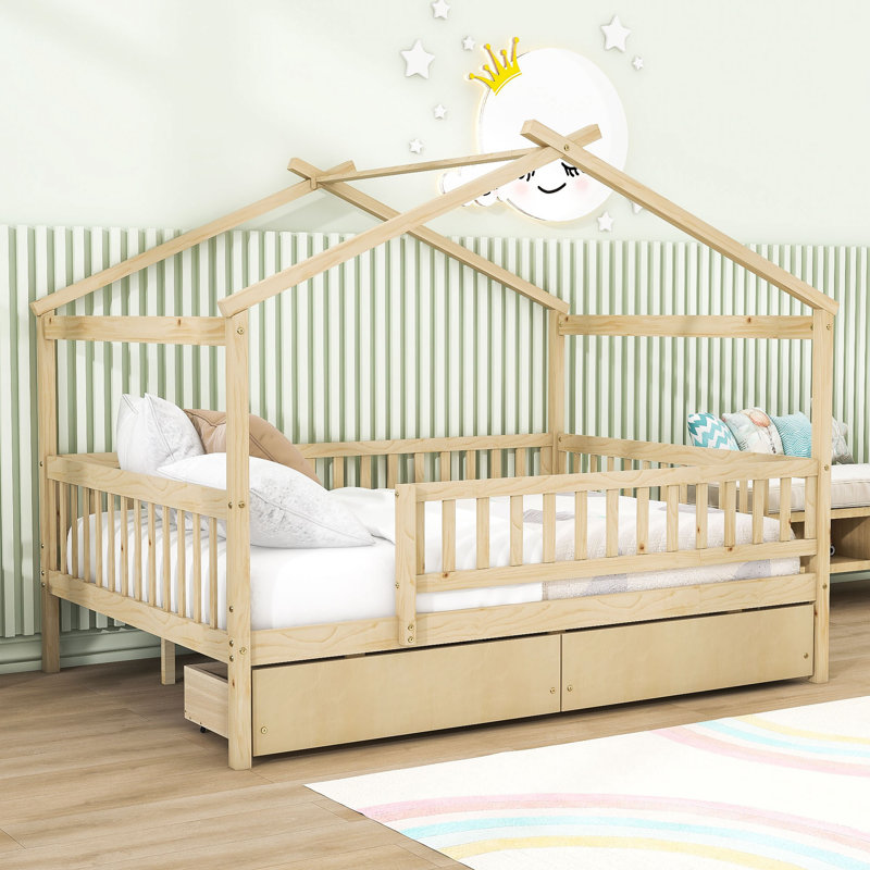 Lit en bois en forme de maison, Double, Naturel