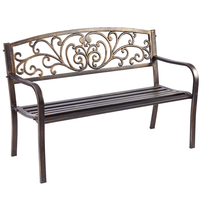 Patio With Curved Seat& Armrests Metal Park Bench, Brown