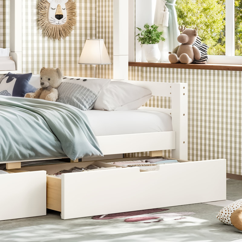 Lit superposé en bois massif (1 place en haut, 1 place en bas) avec tiroirs de rangement, étagères latérales, barrière de sécurité incurvée et échelle. Sommier non requis. Beige.