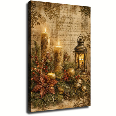 Bougies de Noël vintage et lanterne rustique avec pin et baies, fond de partition musicale ancienne, décoration murale hivernale sur toile