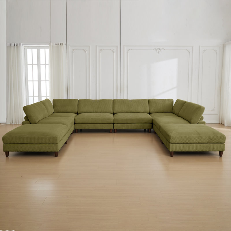 176" W 8-Piece Reversible Corduroy Modular Sectional , Green Corduroy