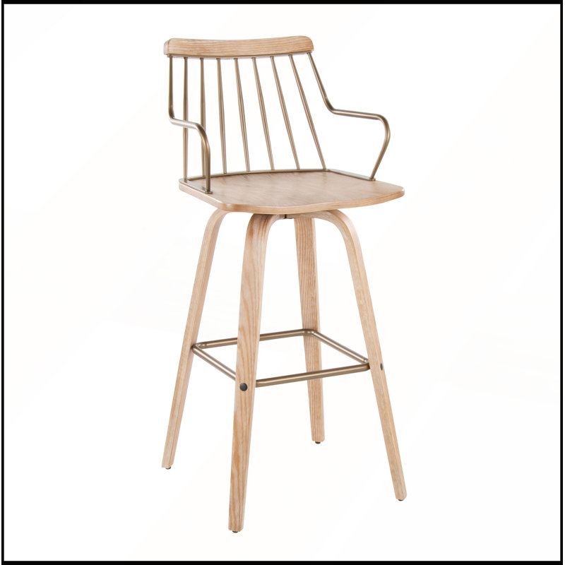 Tabouret de bar pivotant à hauteur fixe avec bois blanchi et cuivre antique pour cuisines et bars de ferme