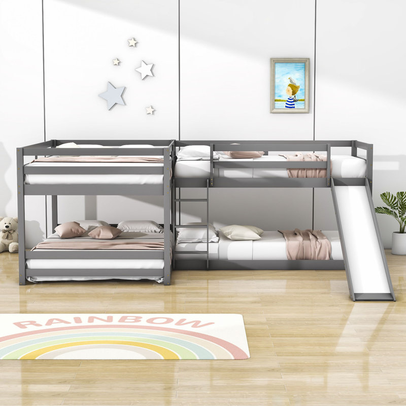 Ernaldus Full over Full and Twin over Twin L-Shaped Bunk Bed with Slide and Ladder, Gray
