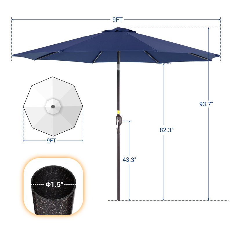 Parasol de table d'extérieur résistant aux intempéries 9 pi 9 pi pour bord de piscine, Marine