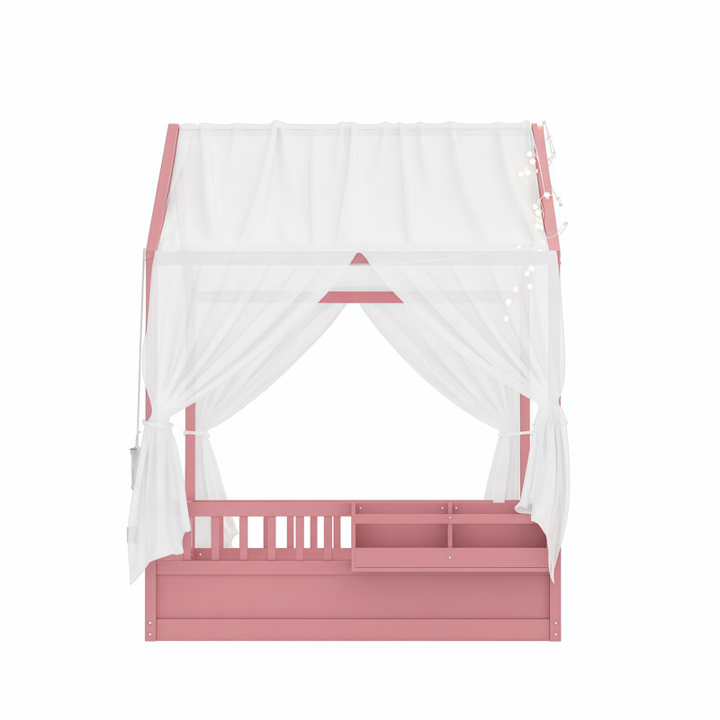 Lit pour enfants Montessori, structure de lit à baldaquin en bois avec barrières de sécurité et porte, guirlande lumineuse et bibliothèque intégrées, lit à profil bas, pas de sommier tapissier nécessaire