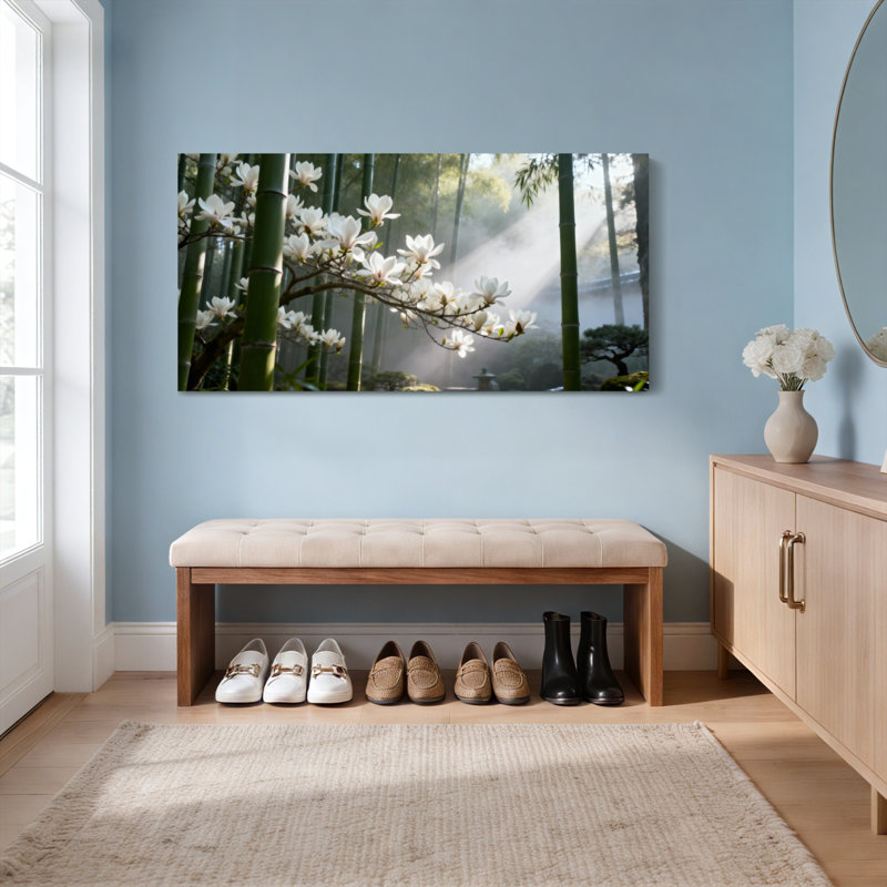 Tableau sur toile tendue « Bosquet de bambous et fleurs de magnolia blanc » (lot de 1), H 24 po x l 48 po