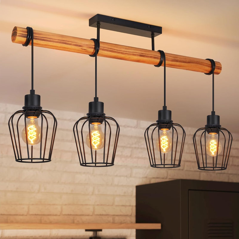 4-Light Burnt Wood Kitchen Island Pendant