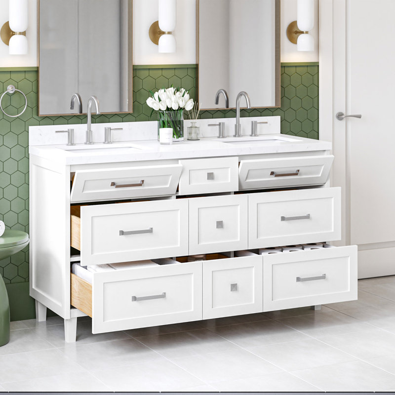 Ariel Monroe 60 Inch Double Rectangular Sink Bathroom Vanity With Carrara White Quartz Countertop, White