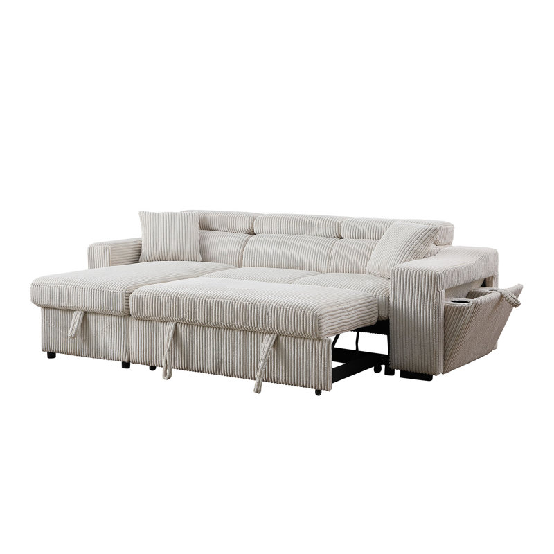 Adigun 97" Sofa Sleeper with Storage Chaise and Wireless Charger, Beige Corduroy