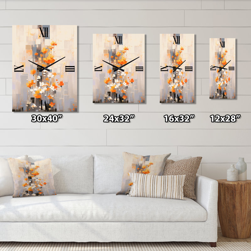 Horloge murale florale orange et gris, Grand
