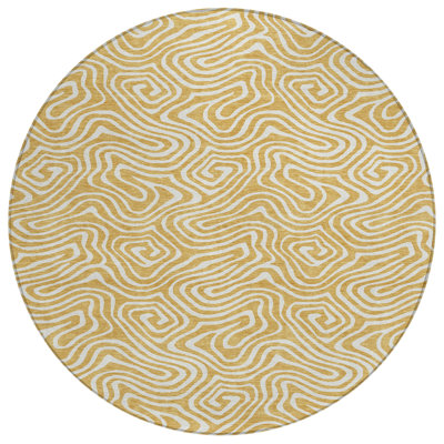 8' Gold And Ivory Round Abstract Washable Indoor Outdoor Area Rug