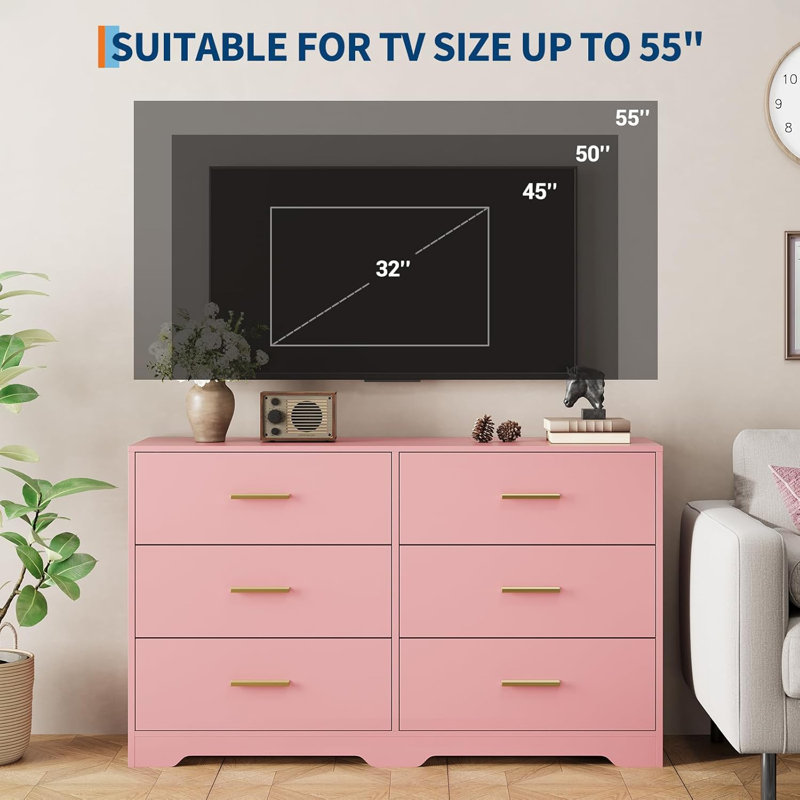 Modern Wooden Dresser with 6 Drawers, Bedroom Chest of Drawers and TV Stand, Large Storage Cabinet with Metal Handles, Pink