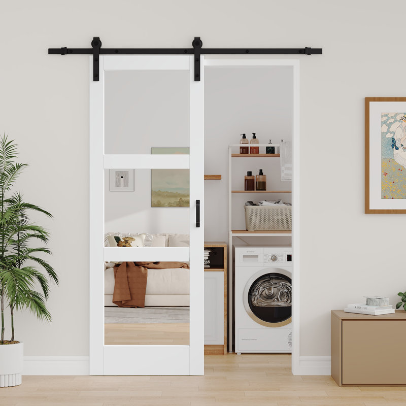 Porte de grange en verre massif et manufacturé avec miroir, 30 po x 84 po, Avec fermeture en douceur
