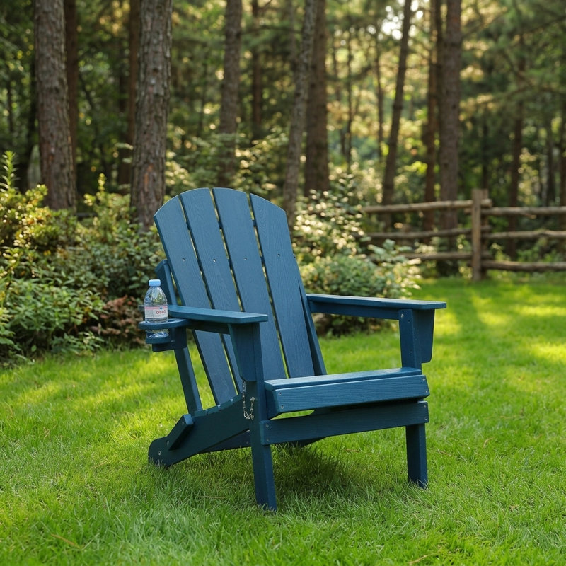 HDPE Folding Adirondack Chair With Dual Cup Holder, Navy Blue